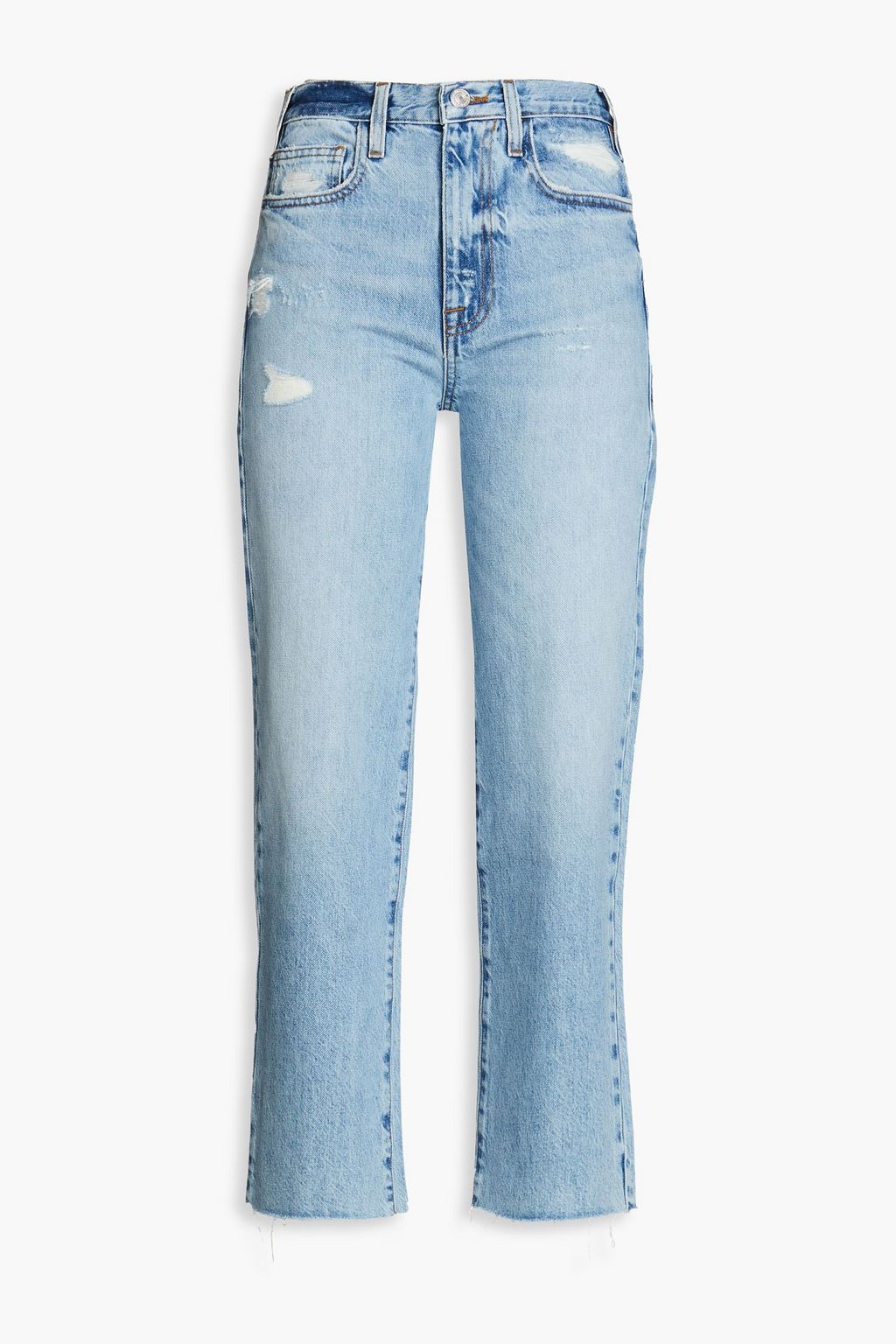 Укороченные потертые джинсы прямого кроя с высокой посадкой FRAME, синий