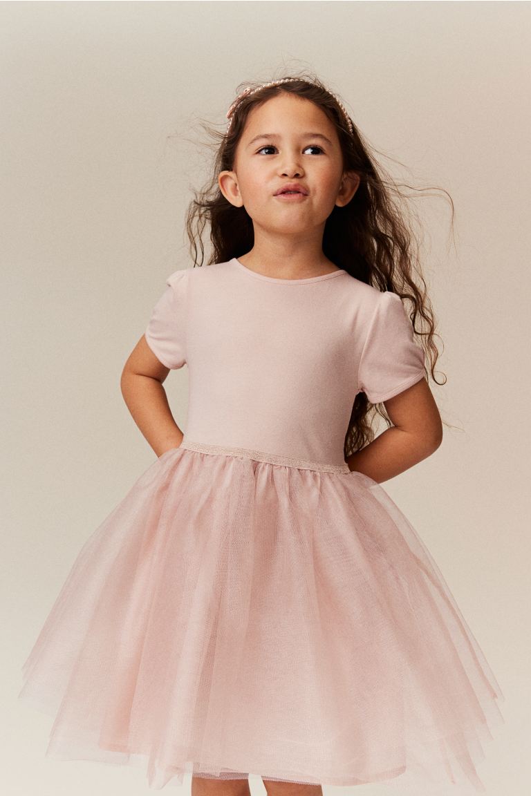 Платье с тюлевой юбкой и рукавами-буфами H&M, розовый