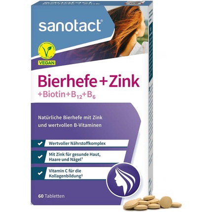 Пивные дрожжи Sanotact + цинк, 60 таблеток, веганские витамины для волос, кожи, ногтей с биотином, B12, B6  высокоэффективная формула красоты