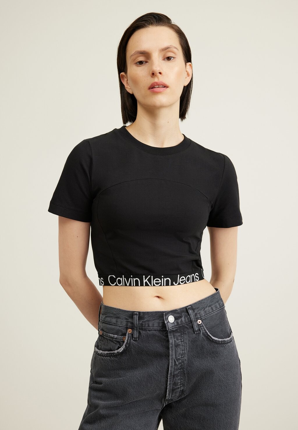 

Футболка с принтом WAIST LOGO ELASTIC SHORT SLEEVE Calvin Klein Jeans, черный