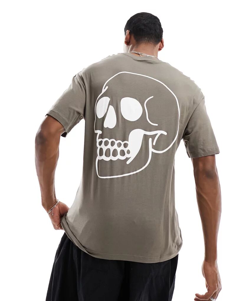 Светло-коричневая оверсайз-футболка Jack & Jones с принтом черепа на спине
