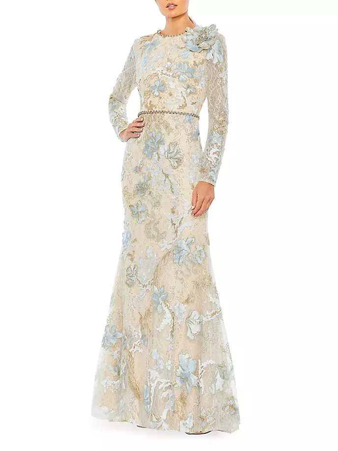 

Кружевное платье с цветочной вышивкой Mac Duggal, синий