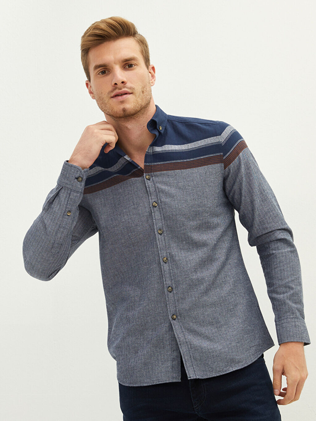 

Приталенная мужская рубашка с цветными блоками и длинными рукавами Slim Fit LCWAIKIKI Classic