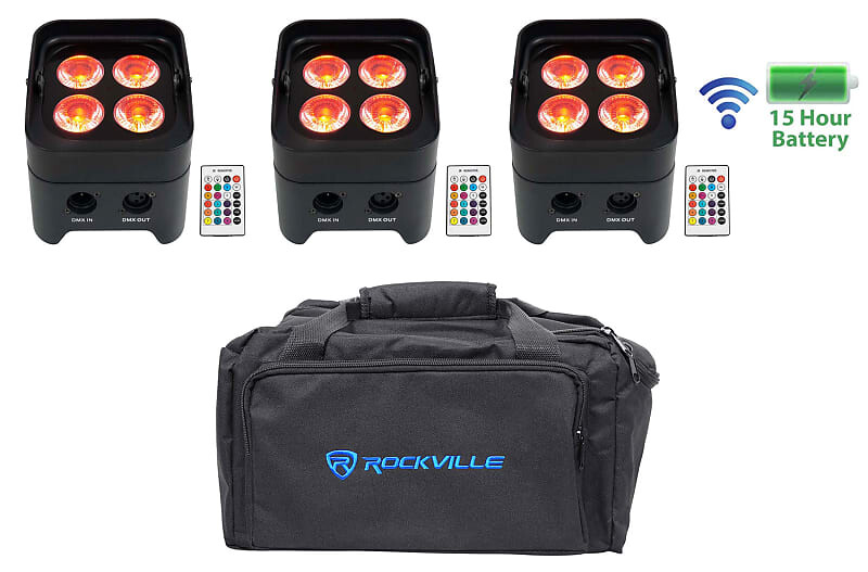 

(3) Rockville BEST PAR 50 Перезаряжаемые прожекторы Par Wash Wireless DMX+RGBWA+UV+сумка (3) BEST PAR 50+RLB80