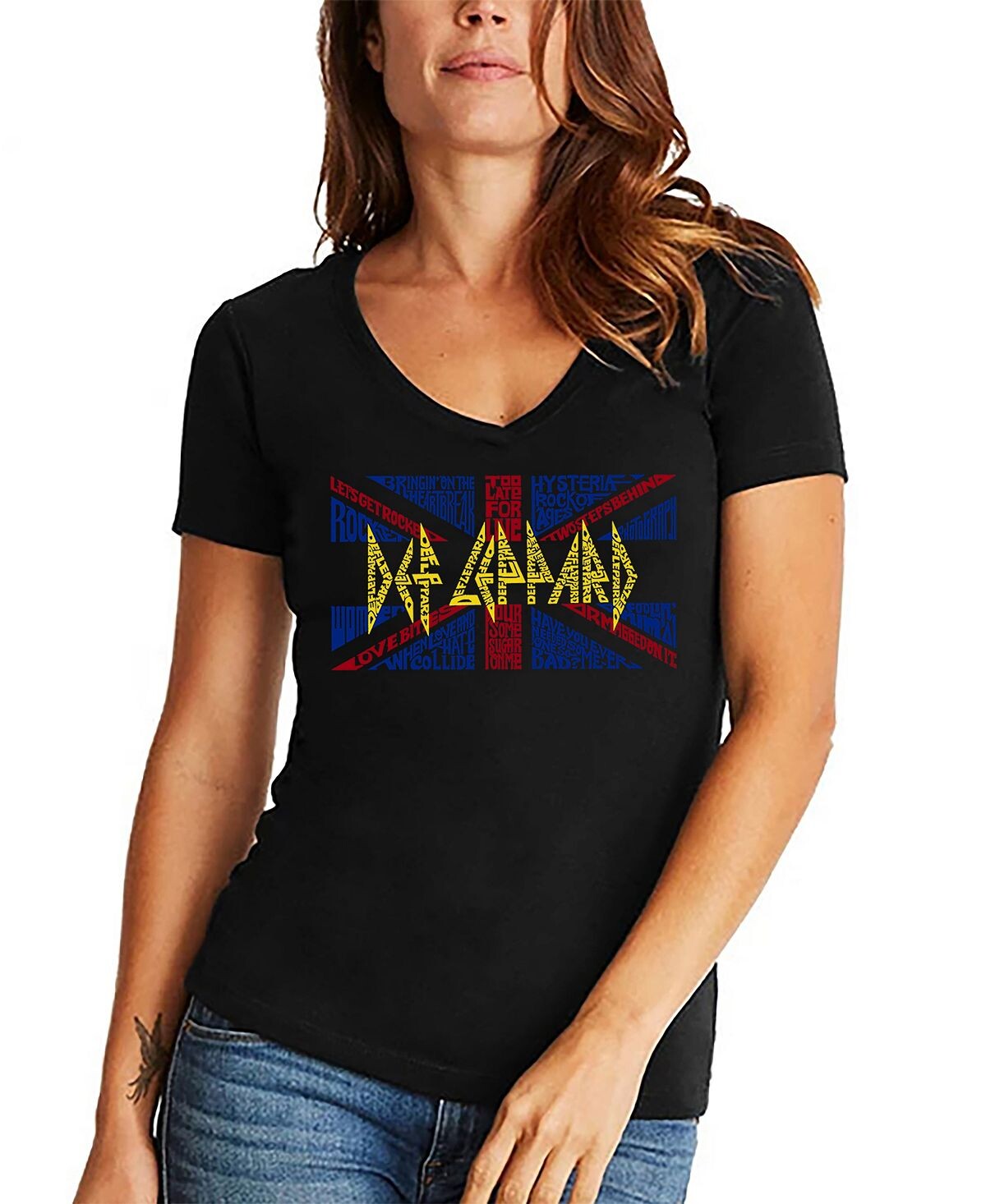 

Женская футболка word art с v-образным вырезом - топ def leppard LA Pop Art, черный