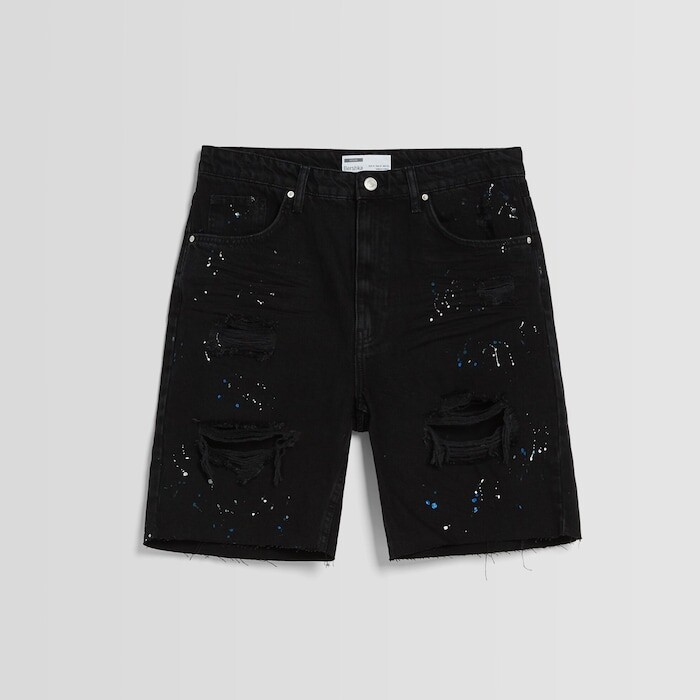 

Джинсовые шорты Bershka Ripped Bermuda With Paint Splatter, черный
