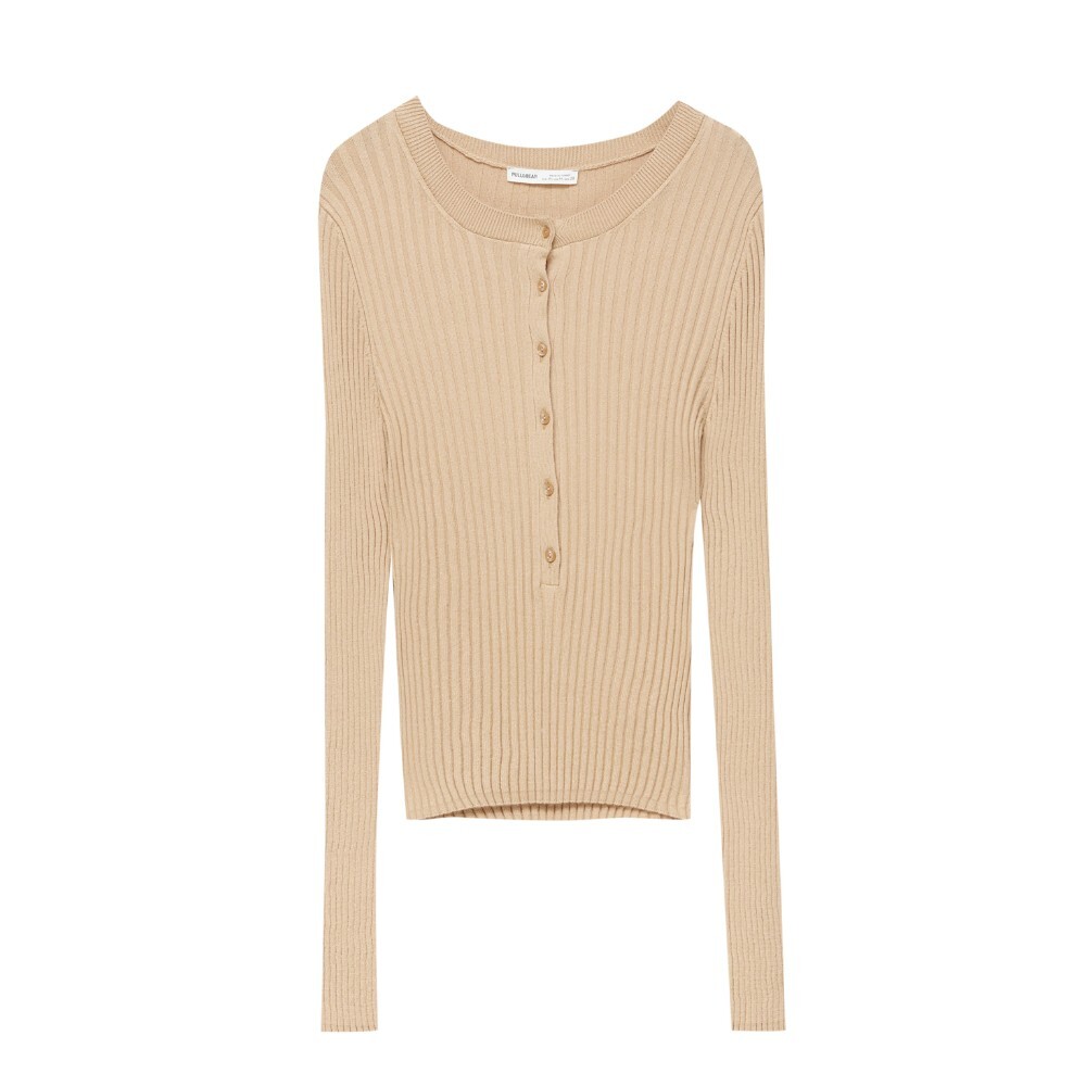 

Джемпер Pull&Bear Ribbed Henley Collar, песочный, Бежевый