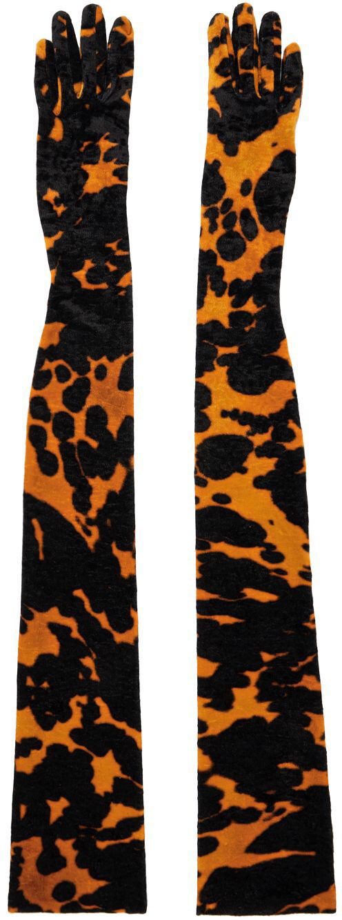 

Оранжевые и черные длинные мятые бархатные перчатки Dries Van Noten