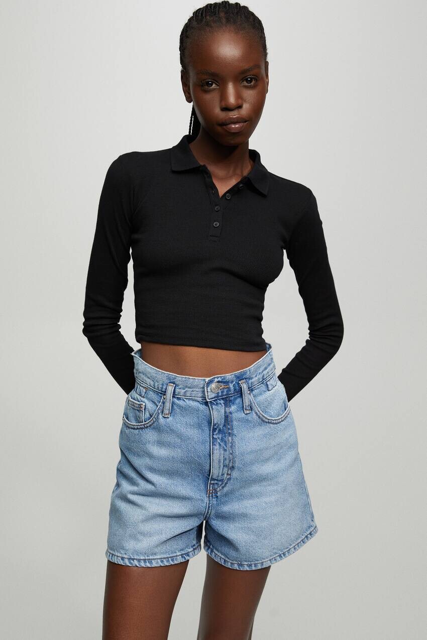 

Рубашка поло с длинными рукавами Pull&Bear, черный