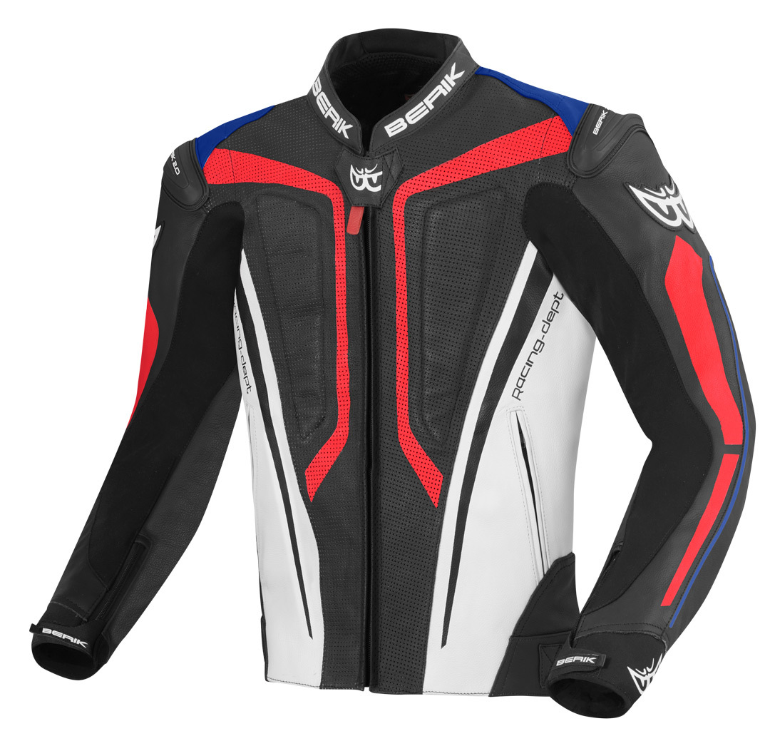 Мотоциклетная кожаная куртка Berik Street Pro с регулируемой талией и манжетами, черный/белый/синий