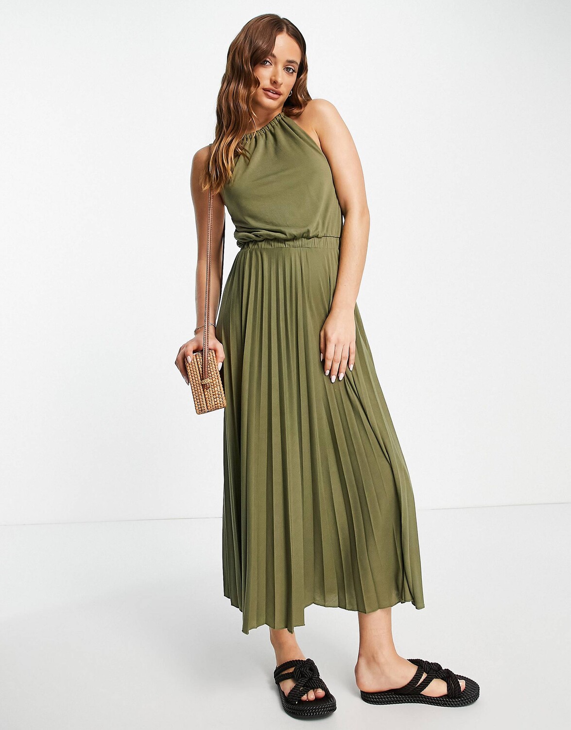 

Платье миди цвета хаки со складками и ремешками ASOS DESIGN