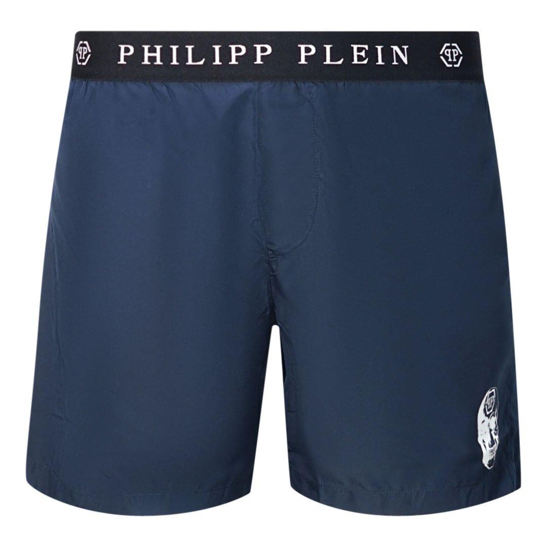 Темно-синие шорты для плавания с фирменным поясом Philipp Plein, синий цена и фото
