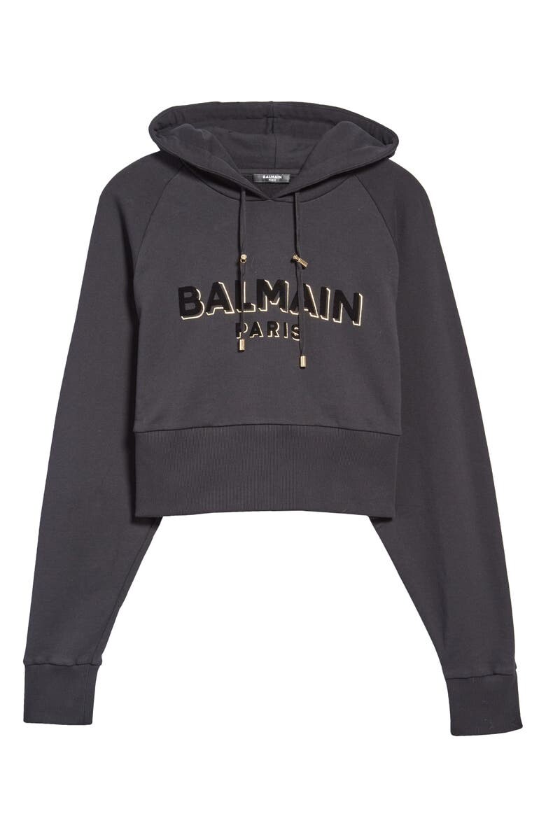 

Укороченная худи из хлопка с эффектом металлик и флокированным логотипом BALMAIN