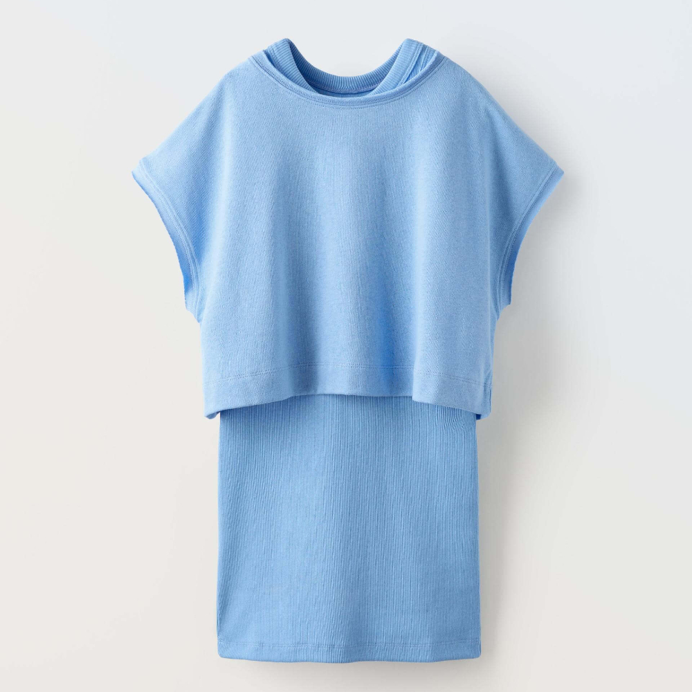 Комбинированное платье с футболкой Zara Ribbed, голубой футболка с круглым вырезом и короткими рукавами с напуском l белый