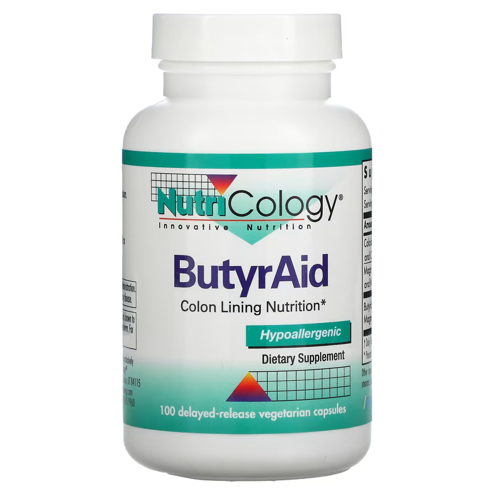 Nutricology, ButyrAid, 100 вегетарианских капсул с отсроченным высвобождением nutricology витамин e сукцинат 100 вегетарианских капсул