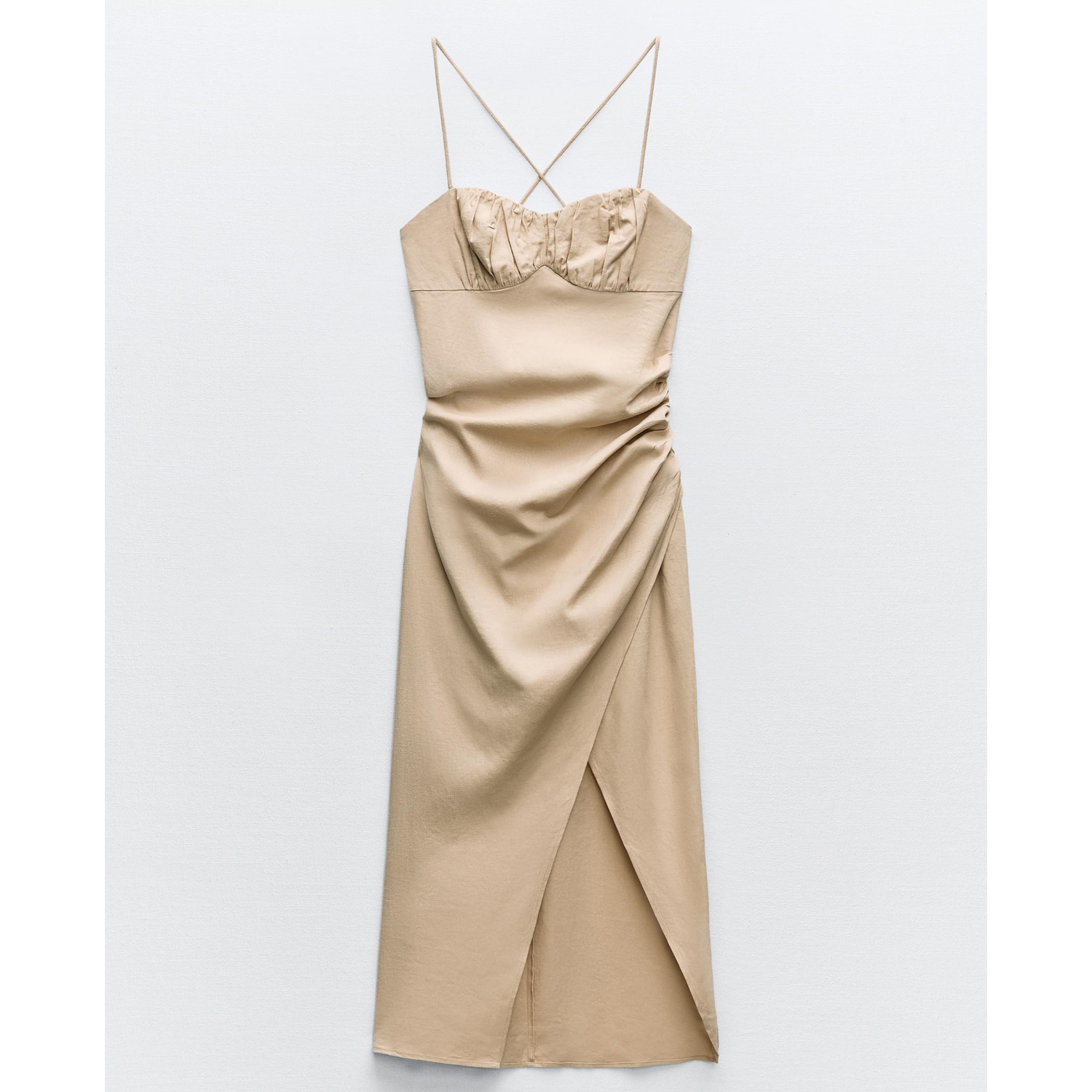 Платье Zara Linen Blend Midi, песочный платье zara printed linen blend розовый