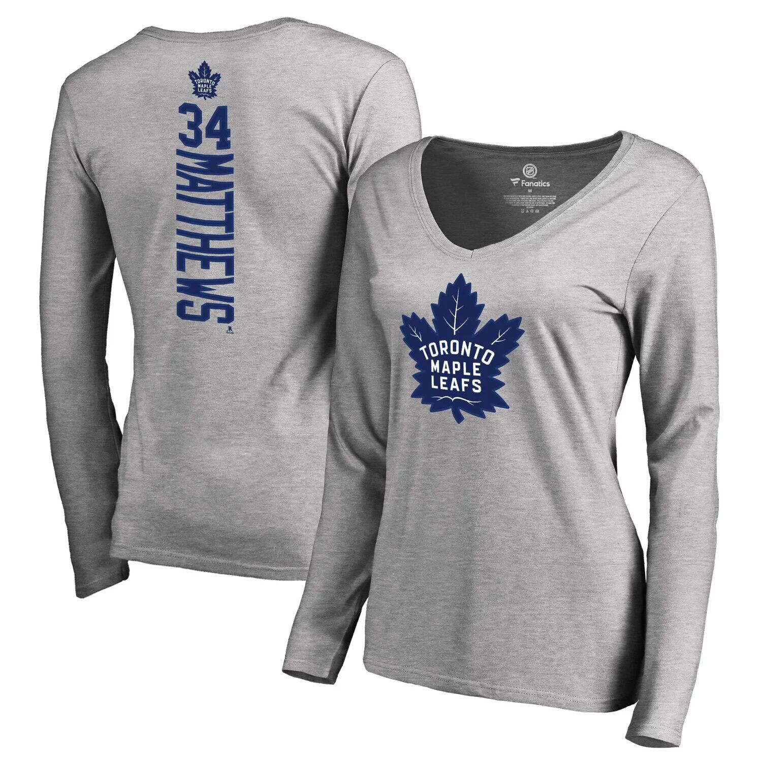 

Женская футболка с логотипом Fanatics Auston Matthews Grey Toronto Maple Leafs, имя и номер, футболка с длинными рукавами и v-образным вырезом Fanatics
