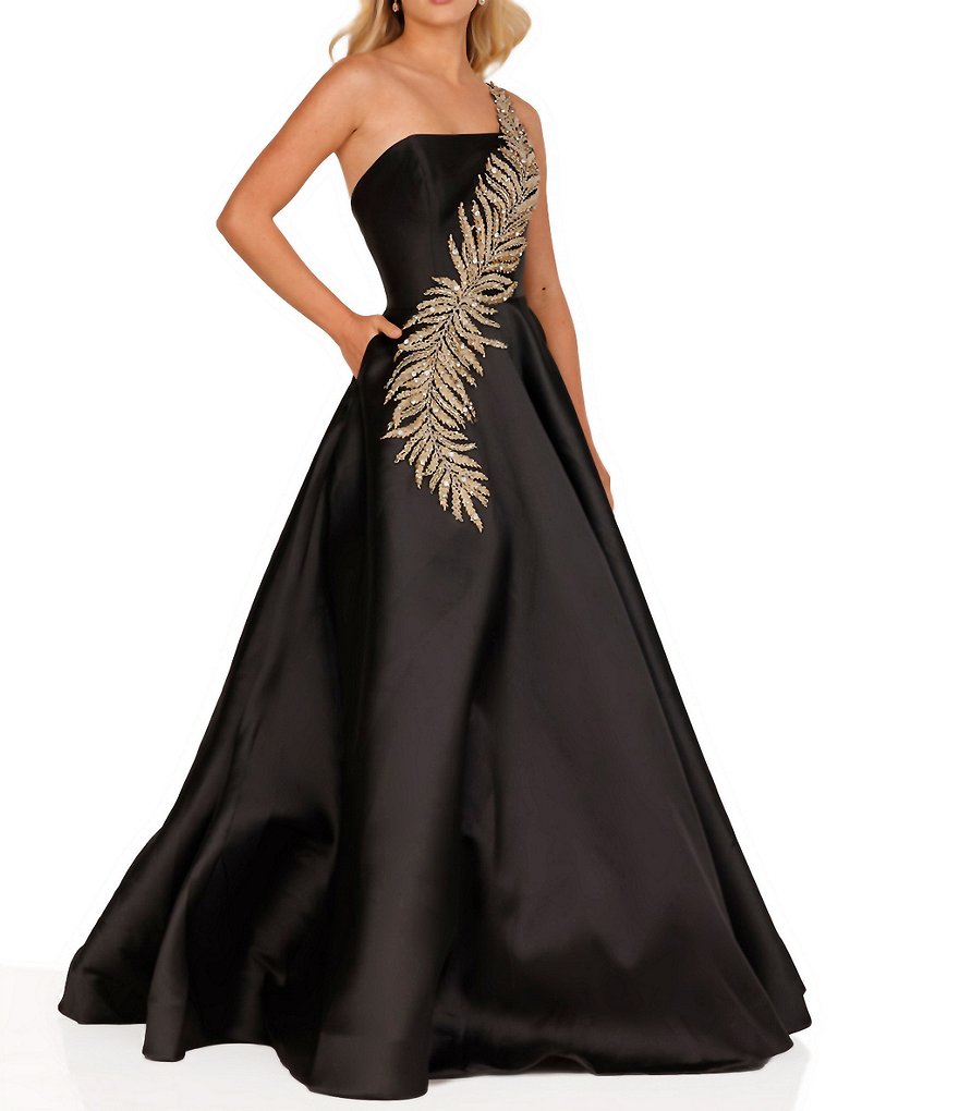 Terani Couture Бальное платье без рукавов на одно плечо с бретельками из бисера на спине, черный