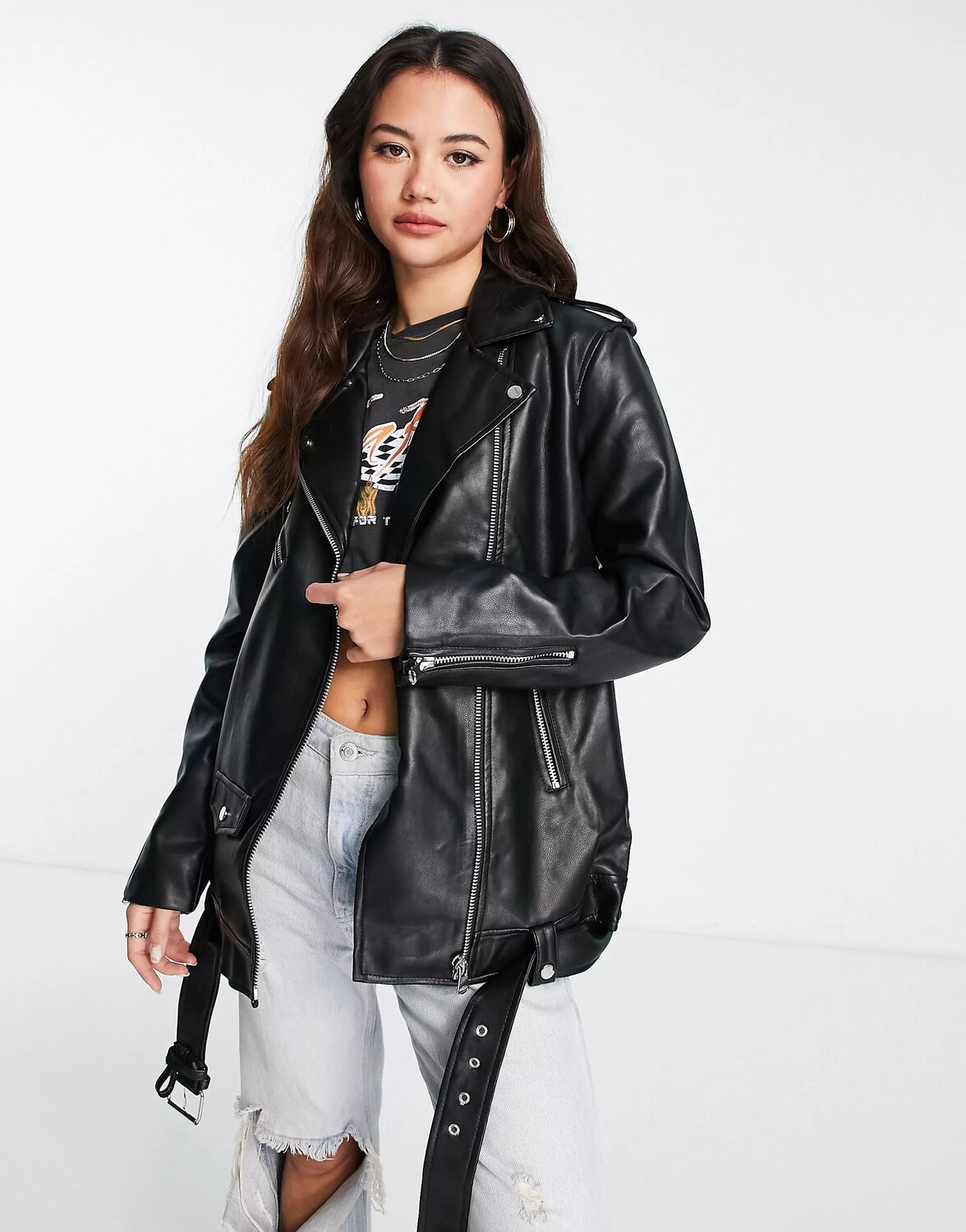 

Куртка Stradivarius Oversized Faux Leather Biker, черный