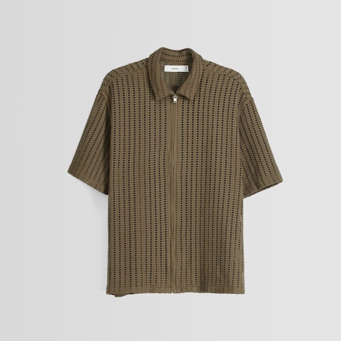 

Рубашка Bershka Rustic Short Sleeve With Zip, хаки