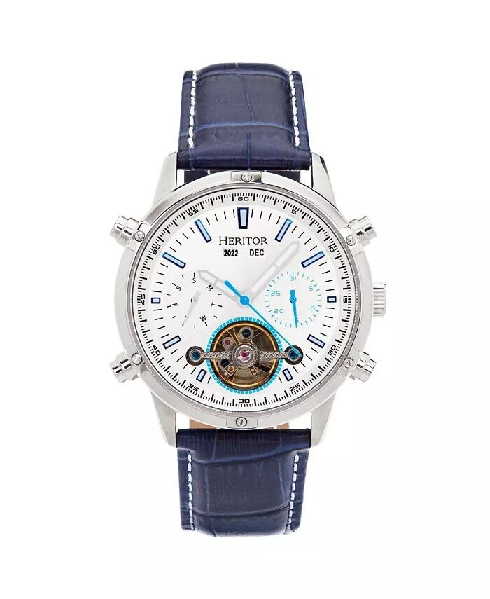 

Мужские кожаные часы Wilhelm - темно-синий/серебристый, 42 мм Heritor Automatic, синий