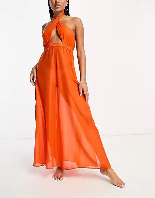 Пляжное платье макси Vero Moda, оранжевый кремовое пляжное платье макси vero moda с завязками на плечах