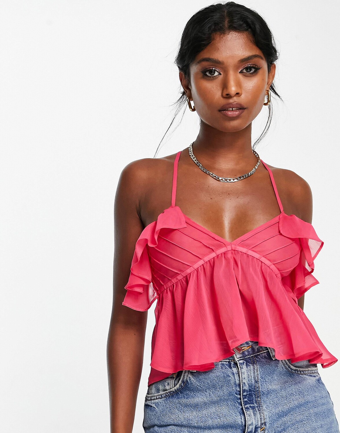 

Ярко-розовая мягкая майка бэби-долл с рюшами ASOS DESIGN