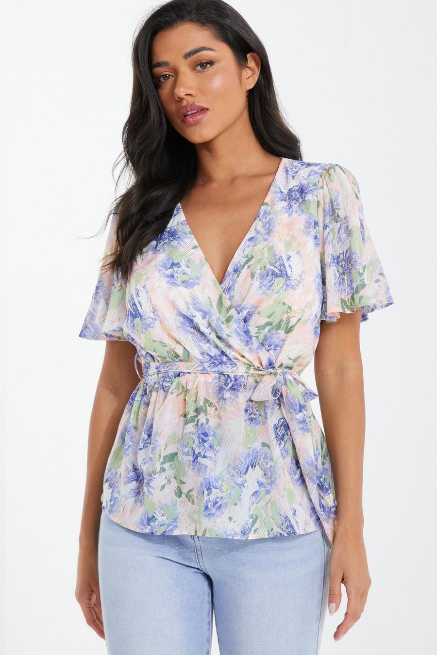 

Розовый цветочный шифоновый топ с баской QUIZ Clothing