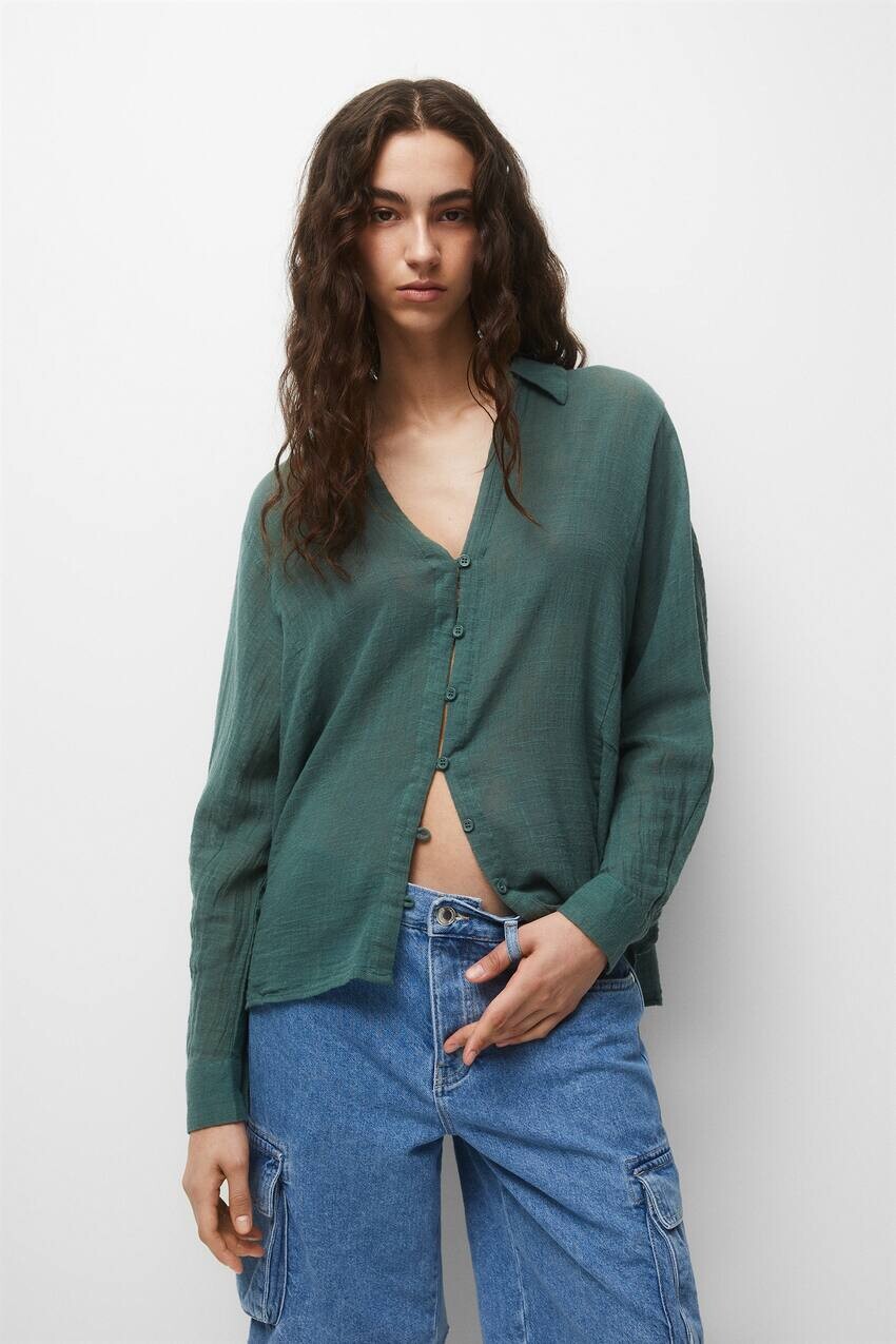 

Рубашка оверсайз в деревенском стиле Pull&Bear, сине-зеленый