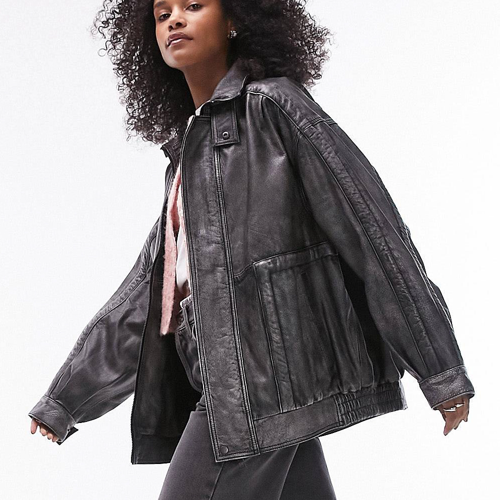 Куртка Topshop Real Leather Super Washed Oversized, черный женская куртка бомбер yiciya коллекция 2022 года летние куртки из искусственной кожи гоночная одежда американская бейсбольная куртка бомбер
