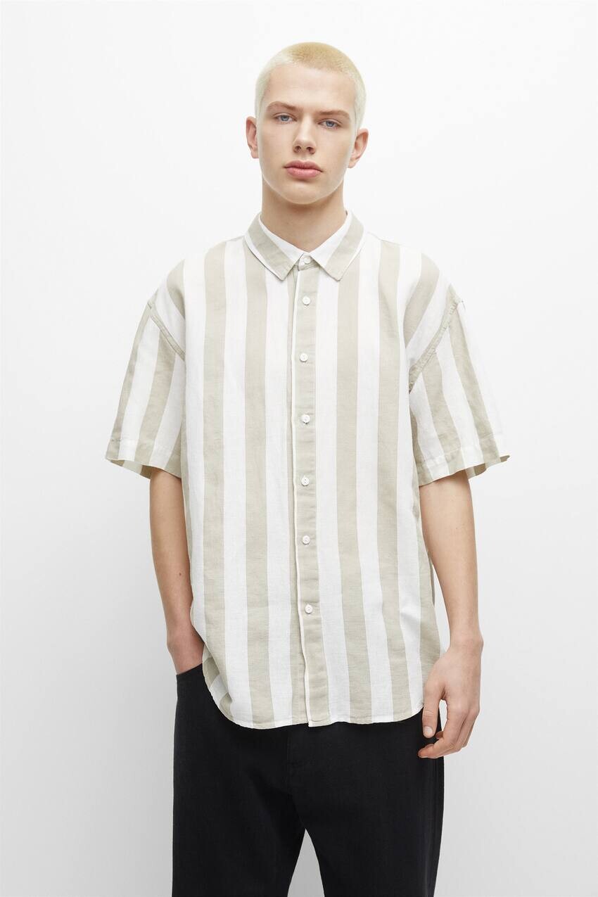 

Льняная полосатая рубашка с короткими рукавами Pull&Bear
