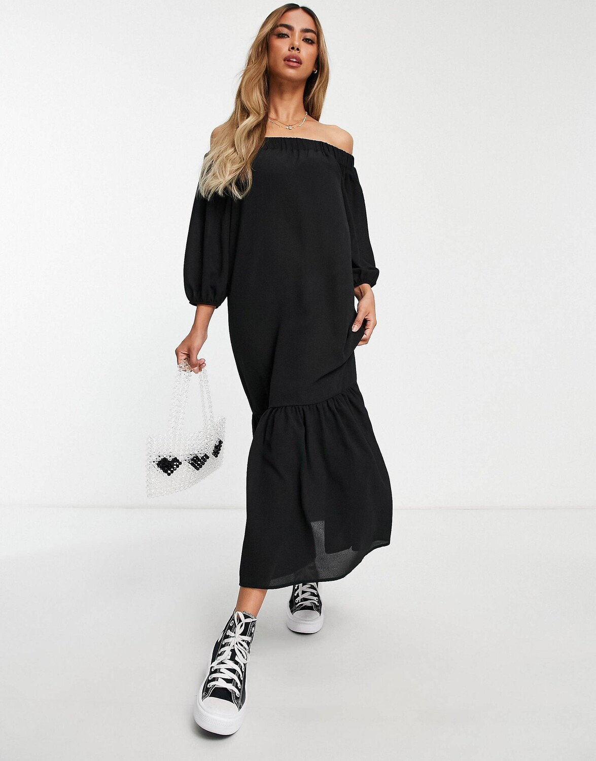 

Черное платье макси с открытыми плечами и трапецией ASOS DESIGN, Черный
