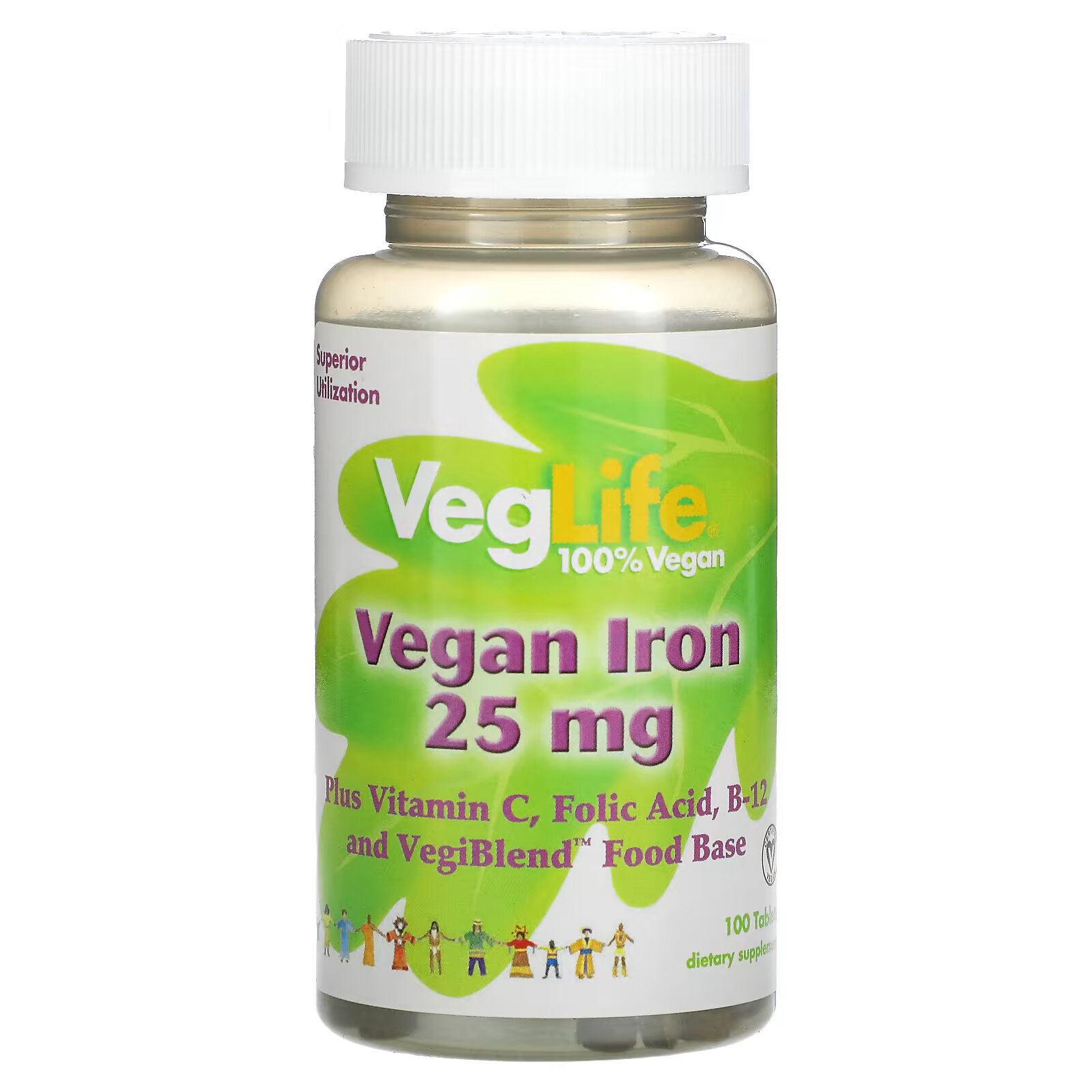 VegLife, Железо растительного происхождения, 25 мг, 100 таблеток железо без сахара 65 мг 100 зеленых таблеток