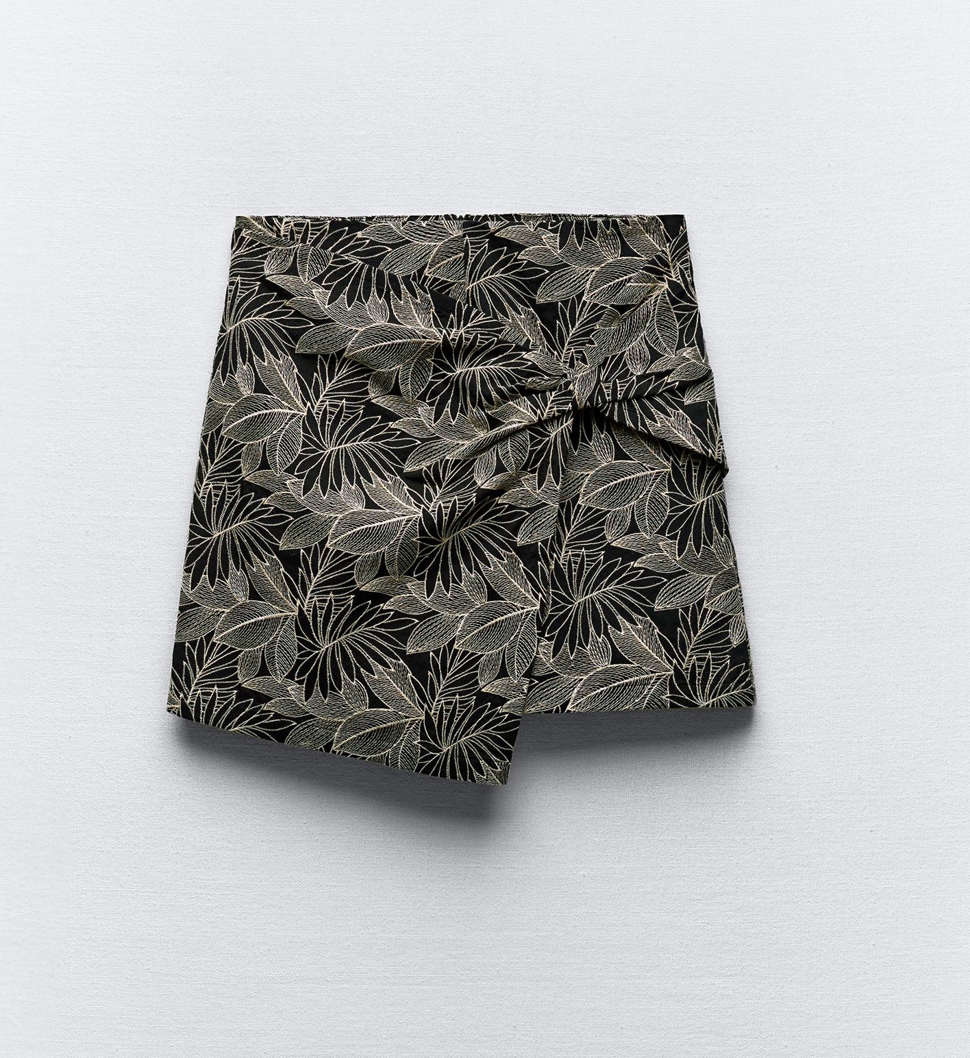 Юбка-шорты Zara With Embroidered Leaves, черный, белый юбка шорты zara satin with flaps белый