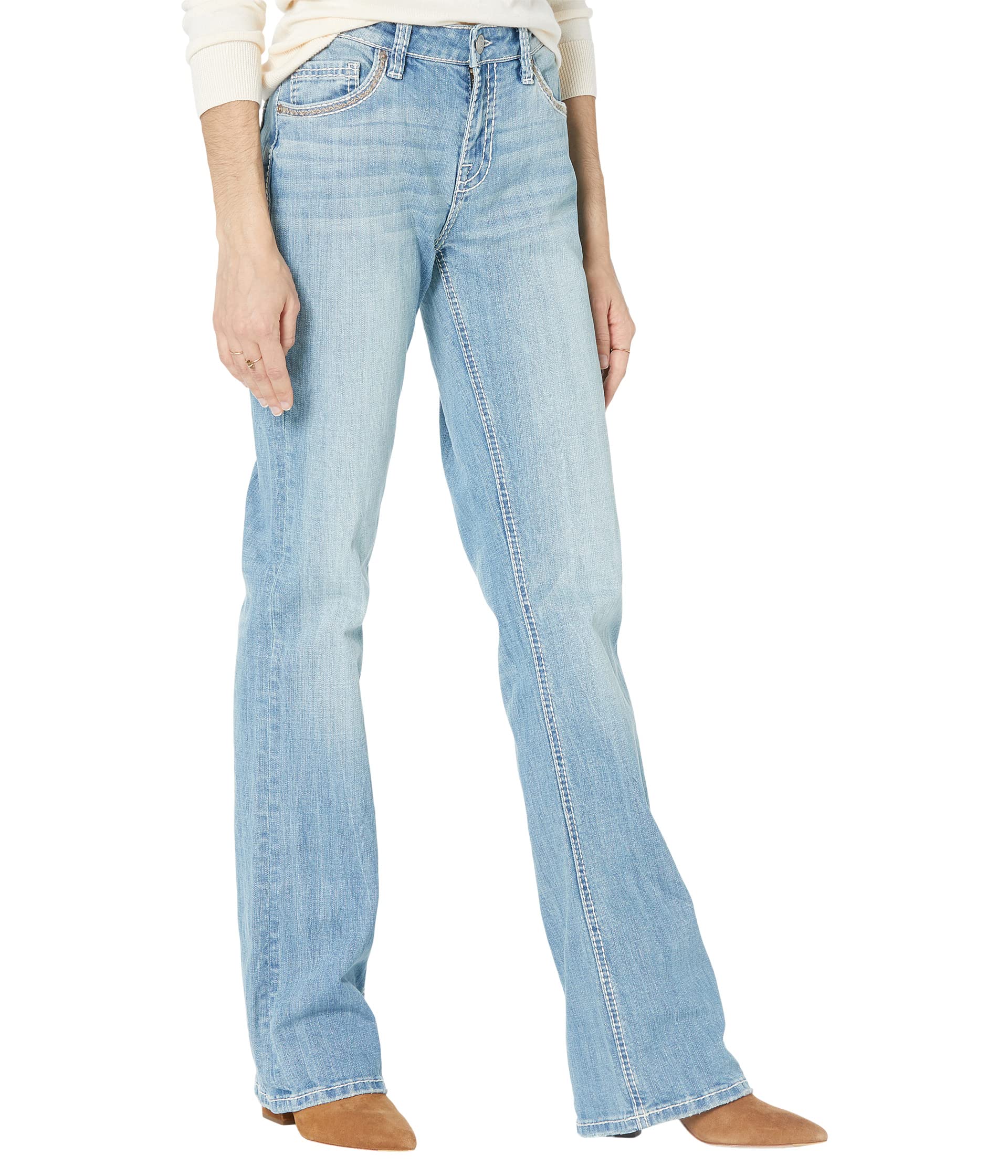 Джинсы Rock and Roll Cowgirl, Riding Jeans with Leather Detail on Back Pocket in Light Vintage W7-3690