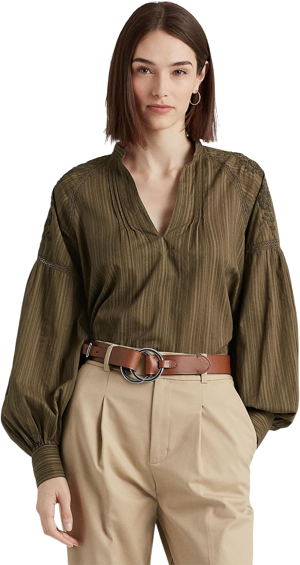 Хлопковая блузка в полоску с тенями LAUREN Ralph Lauren, цвет Olive Fern цена и фото