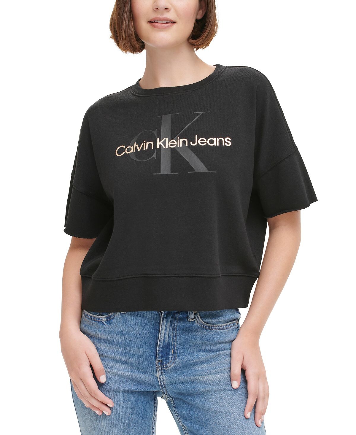 

Женский топ из фольги с логотипом и вырезами на рукавах Calvin Klein Jeans