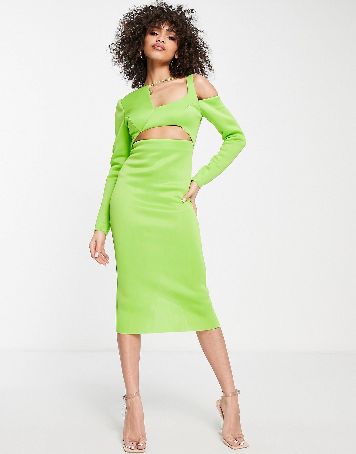 

Зеленое асимметричное платье миди с длинными рукавами и вырезами ASOS DESIGN