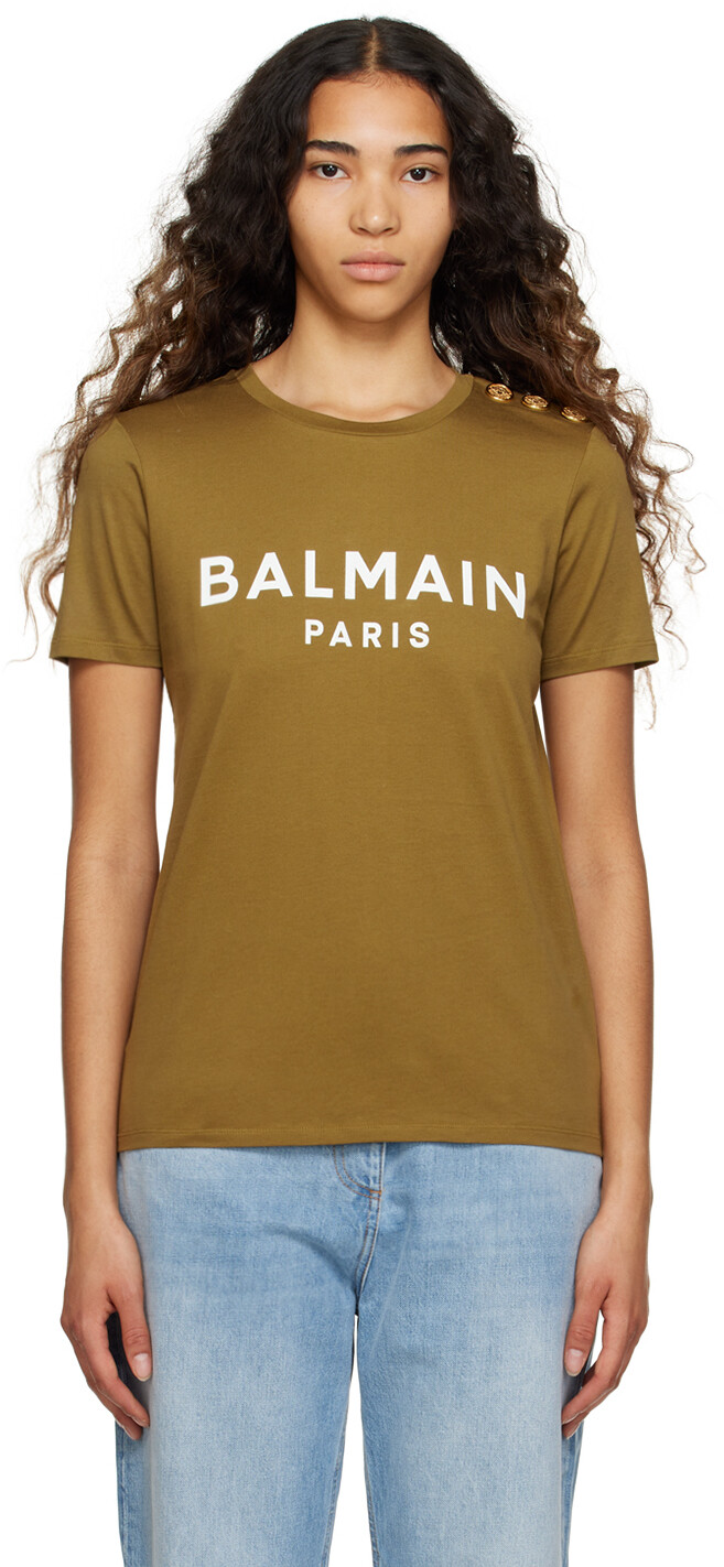 

Футболка цвета хаки с принтом Balmain
