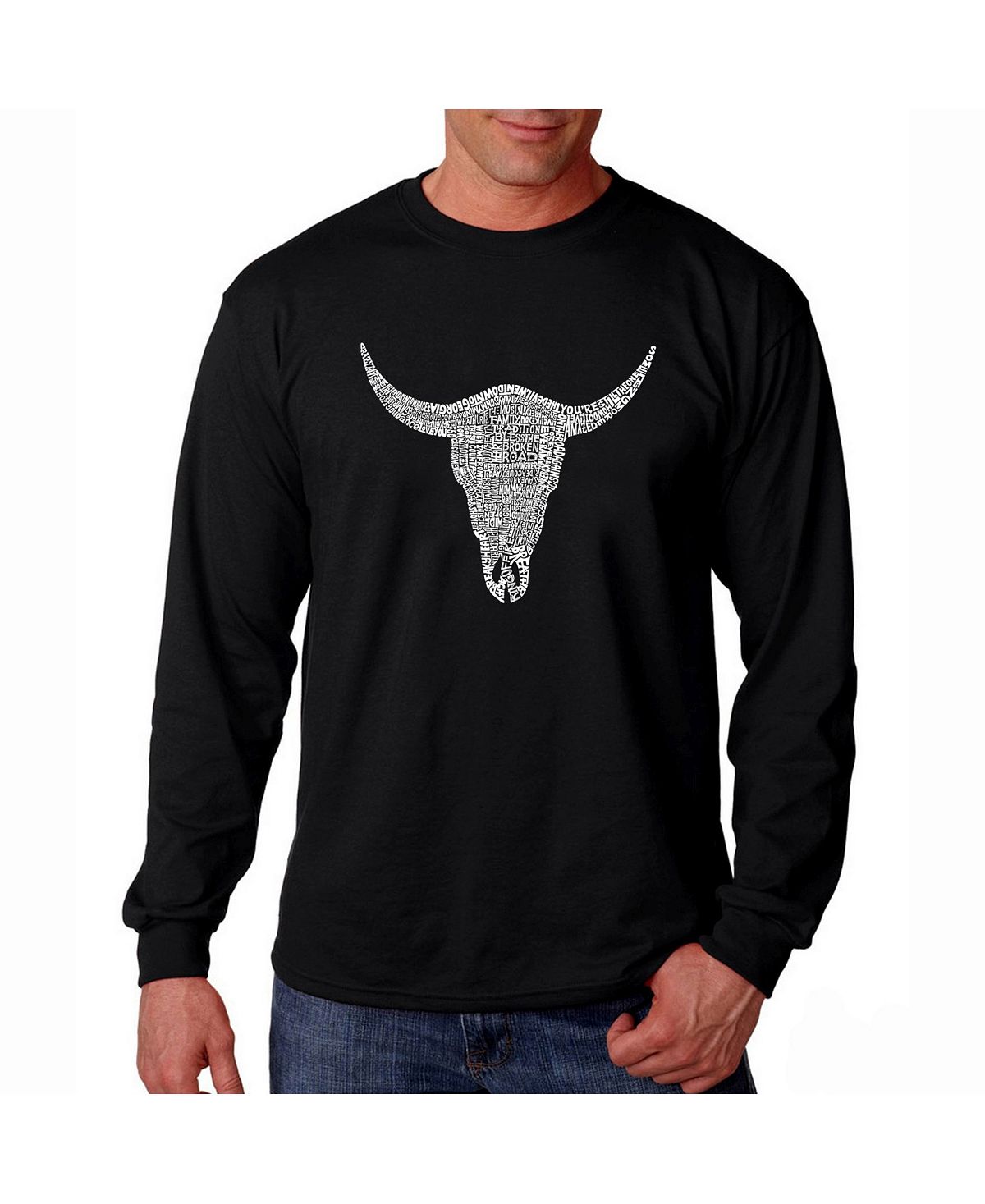 Мужская футболка с длинным рукавом word art - cowskull country hits LA Pop Art, черный