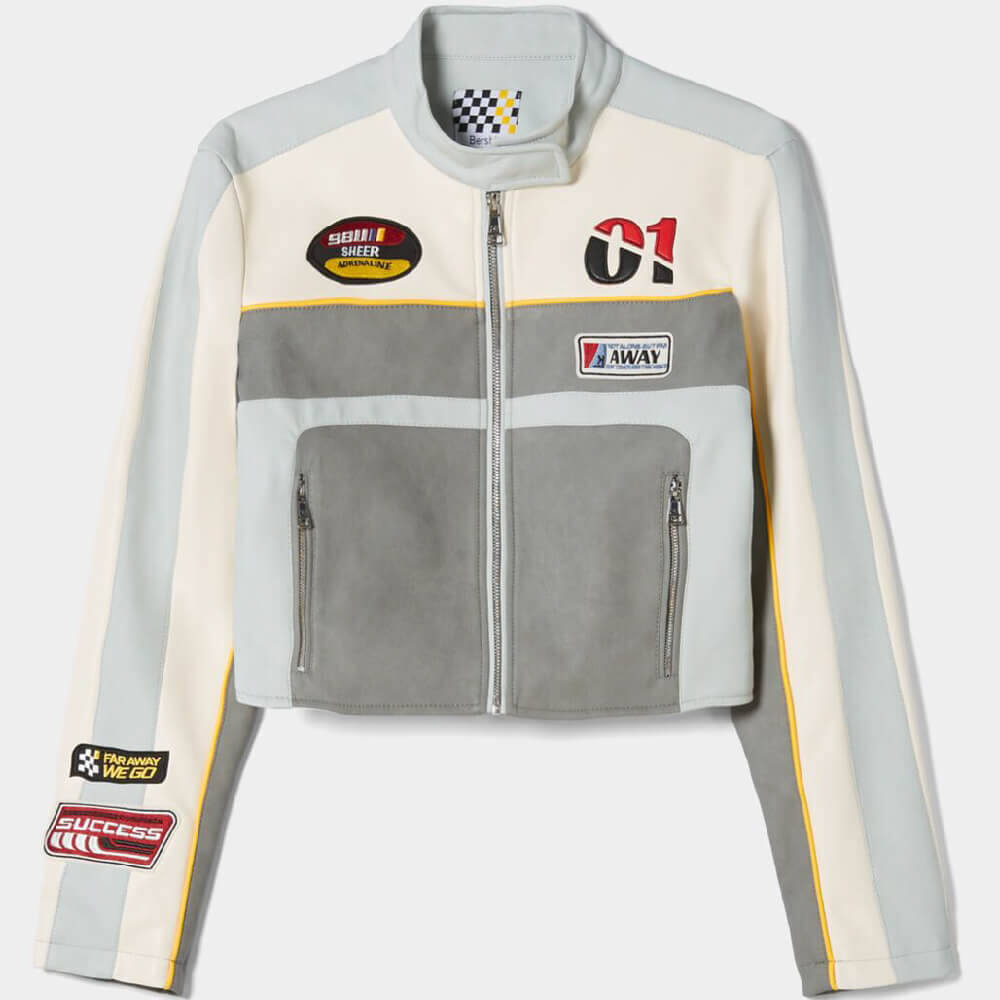 

Куртка Bershka Faux Leather Racing, серый/черный/бежевый