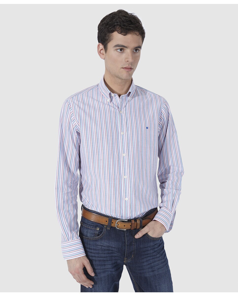 цена Мужская хлопковая рубашка обычного цвета в разноцветную полоску Olimpo, мультиколор