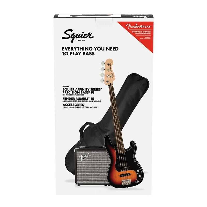 

Squier Affinity PJ Bass Pack Rumble 15 3 Tone Sunburst 030-1972-032 Affinity Series Precision Bass PJ Pack with Rumble 15 Combo, Indian Laurel Fretboard