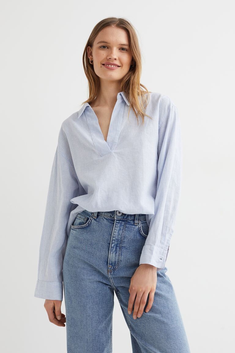 

Рубашка из смесового льна H&M, голубой/полосатый
