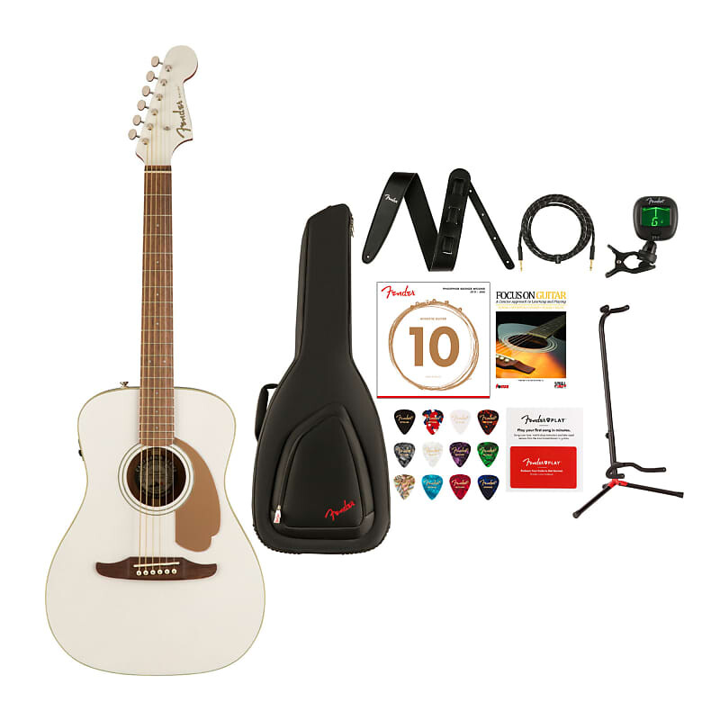 

6-струнная акустическая гитара Fender Malibu Player с чехлом, кожаным ремнем, кабелем, подставкой для гитары, тюнером, струнами для гитары, книгой, медиаторами и картой предоплаты