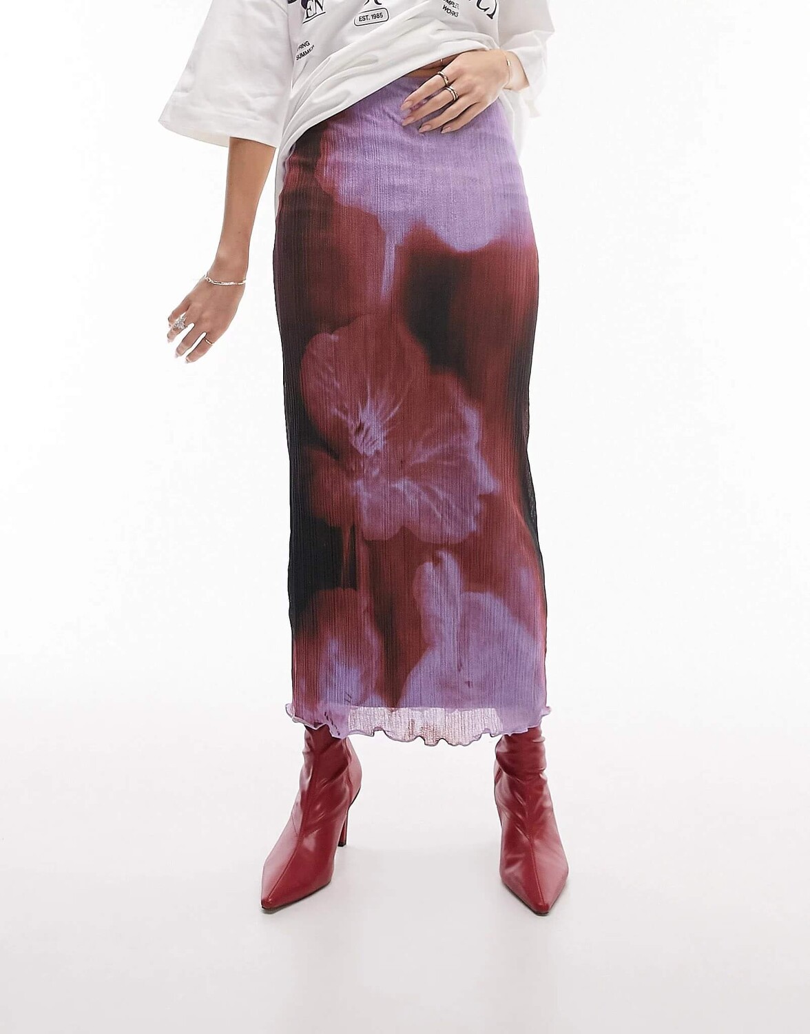 

Юбка Topshop Textured Plisse Blurred Floral Print Midi, розовый