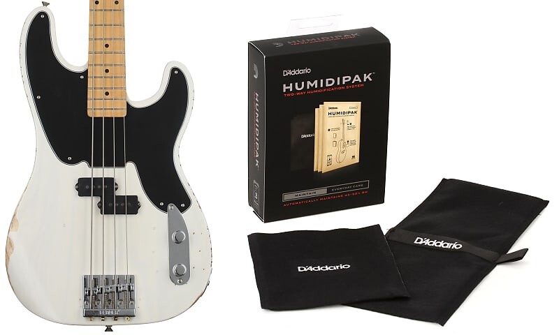 

Бас-гитара Fender Mike Dirnt Road Worn Precision Bass — белая блондинка с кленовой накладкой на гриф в комплекте с увлажнителем D'Addario с автоматической системой контроля влажности Fender + D'Addario 0138412701=1 PW-HPK-01=1