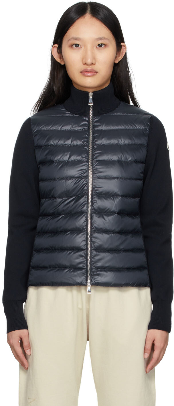 

Утепленный хлопковый кардиган темно-синего цвета на пуху Moncler, Синий