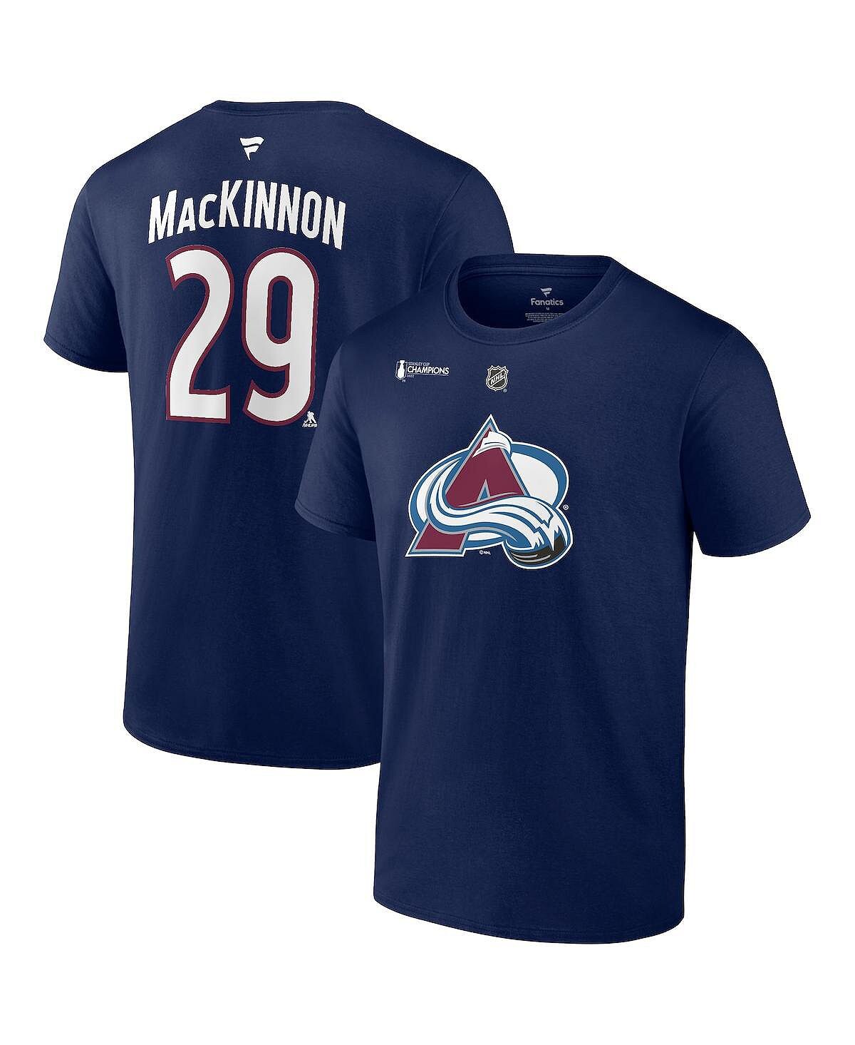 

Мужская фирменная футболка nathan mackinnon navy colorado avalanche 2022 stanley cup champions с подлинным именем и номером стека Fanatics, синий