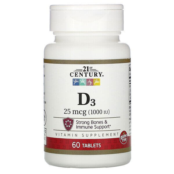 Витамин D3, 25 мкг 1000 МЕ, 60 таблеток, 21st Century 21st century кальций 500 и витамин d3 15 мкг 600 ме 90 таблеток